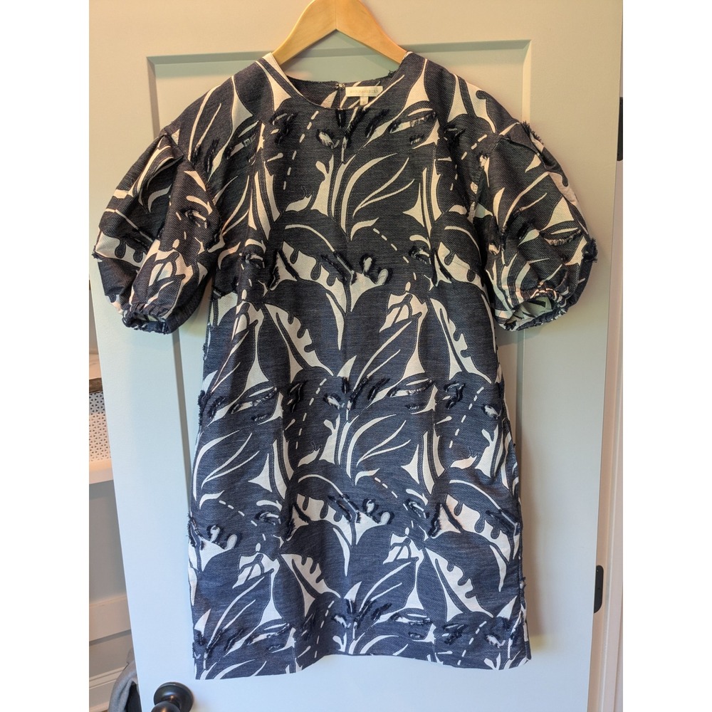 Ann Mashburn XS Mini Dress Blue White Leaf Print Puff Sleeve Fringed Hem‎